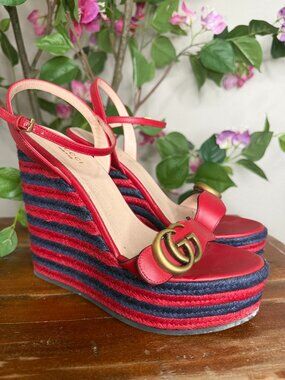 Gucci Marmont Double G Leather Espadrille Platform Sandals - 39
